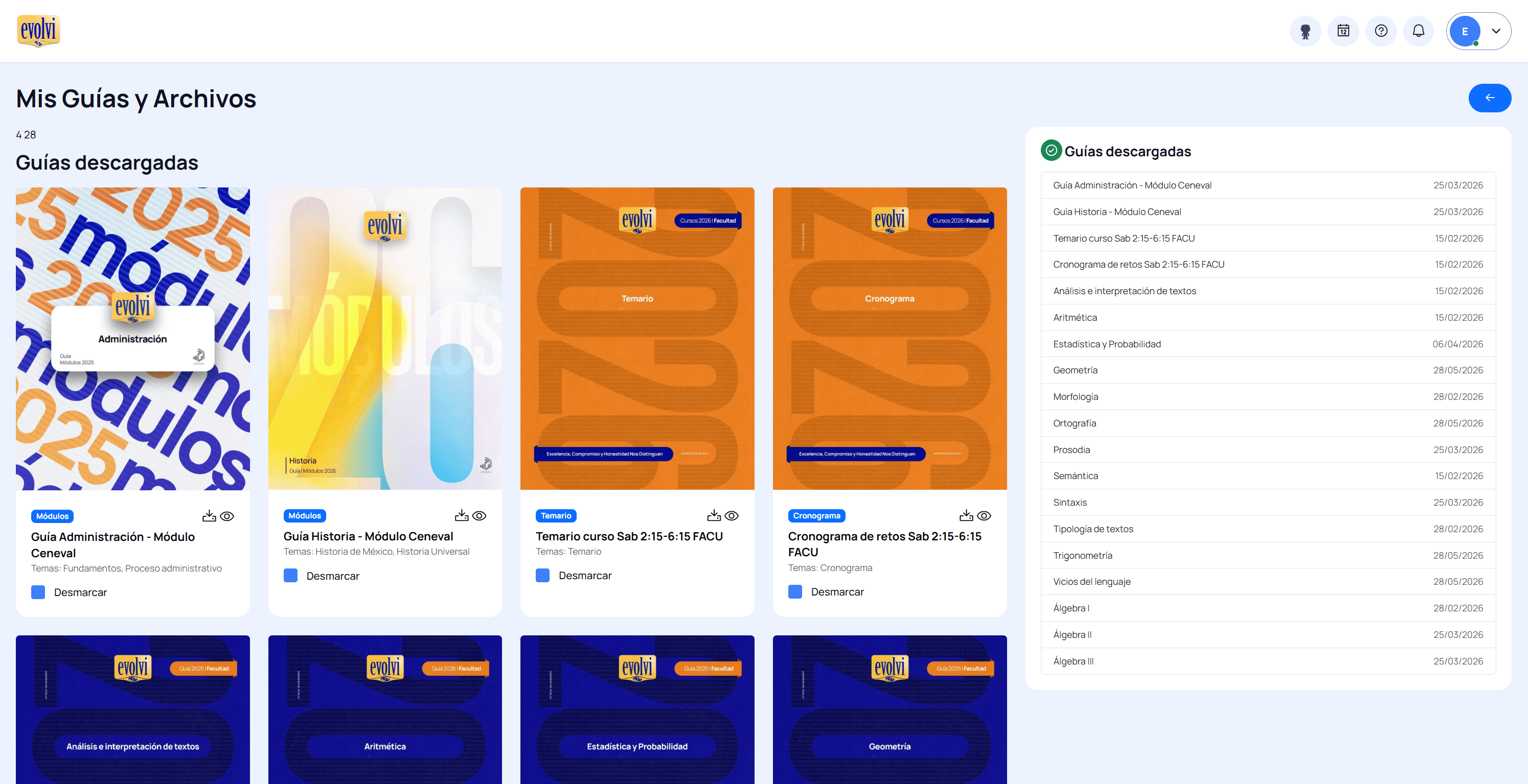 Sección de material de estudio descargable en la plataforma de Evolvi