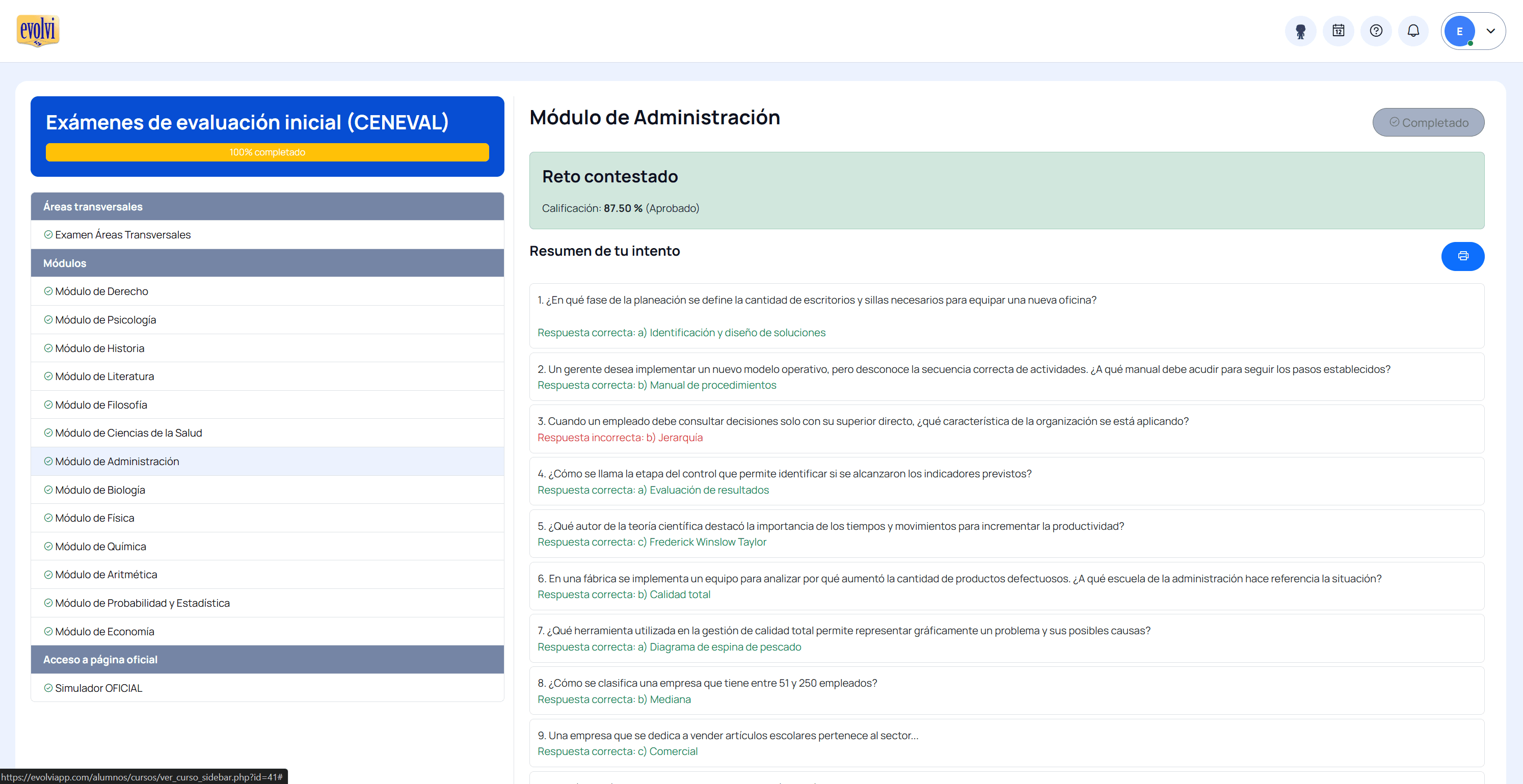 Resultados de un simulador en la plataforma de Evolvi